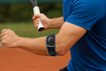 Tennis player wearing an elbow brace