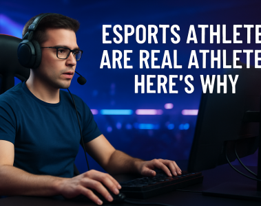 A focused esports athlete wearing a headset and navy shirt sits in a gaming chair, intensely looking at a computer screen in a dimly lit gaming arena with blue and purple lighting. Bold white text on the right reads, “ESPORTS ATHLETES ARE REAL ATHLETES: HERE'S WHY.”